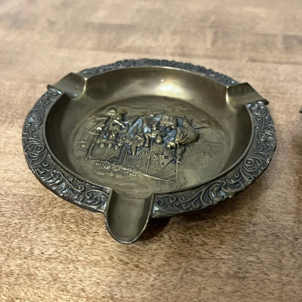 Vintage Lot Of 2 Brass Cigar Ashtray‎ Ornate Grape Wine Celebration Scene